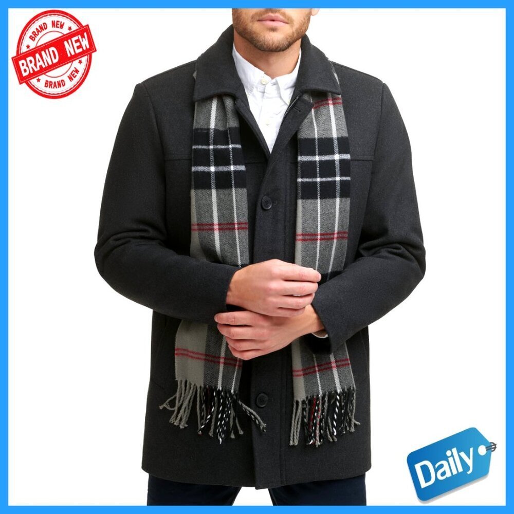 Classic Wool Blend Coat With Detachable Scarf Quilted Lining Versatile Menswear